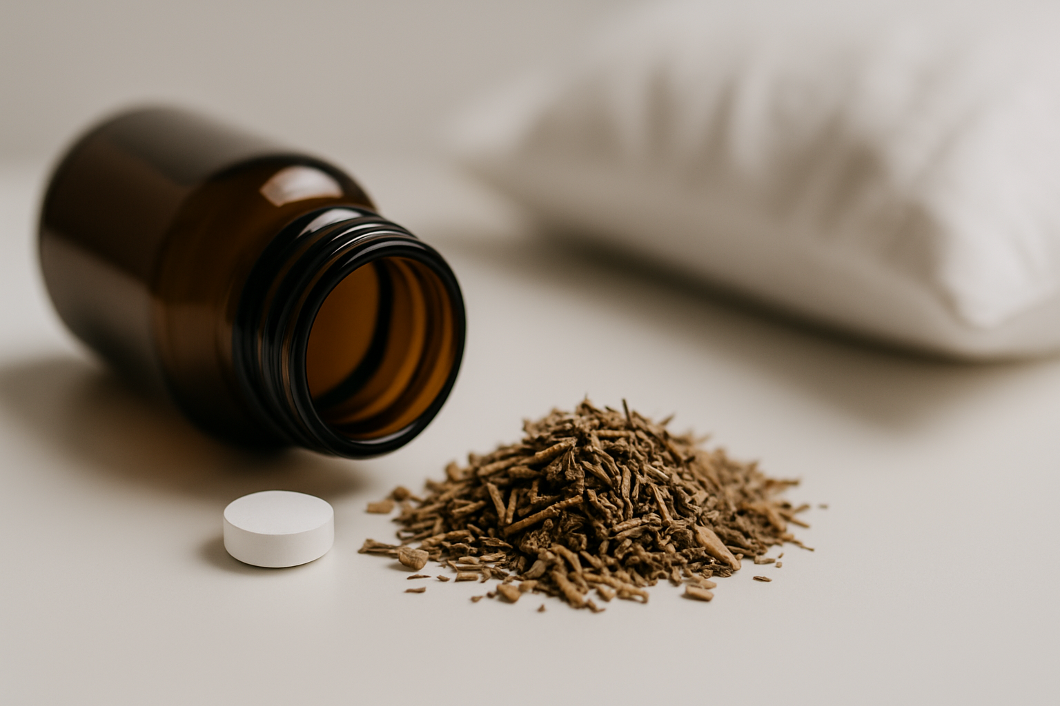 Baldrianwurzel und Baldrianpflanze mit Blüten als natürliches Schlafmittel