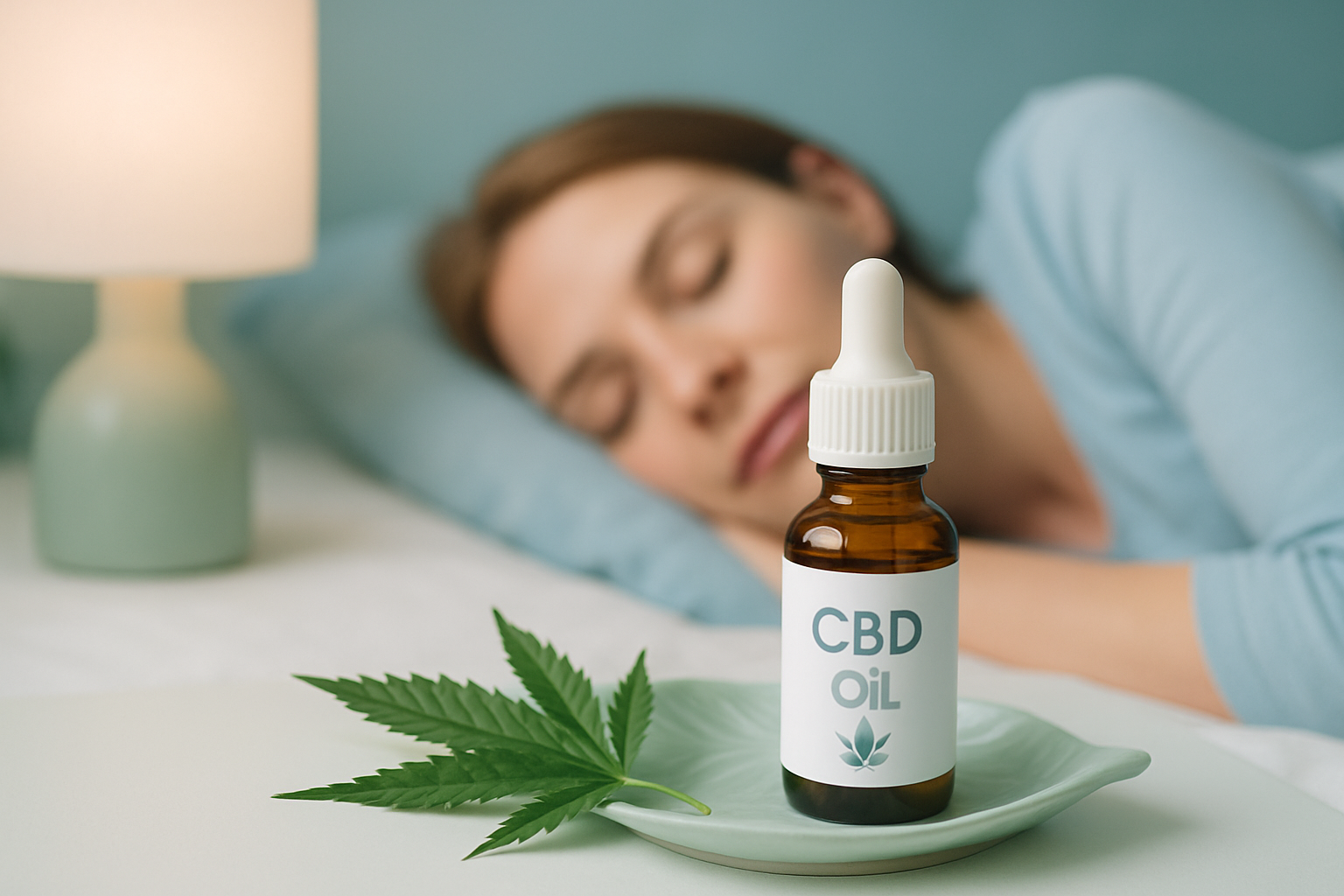 CBD Öl Flasche mit Pipette auf natürlichem Hintergrund als pflanzliches Schlafmittel