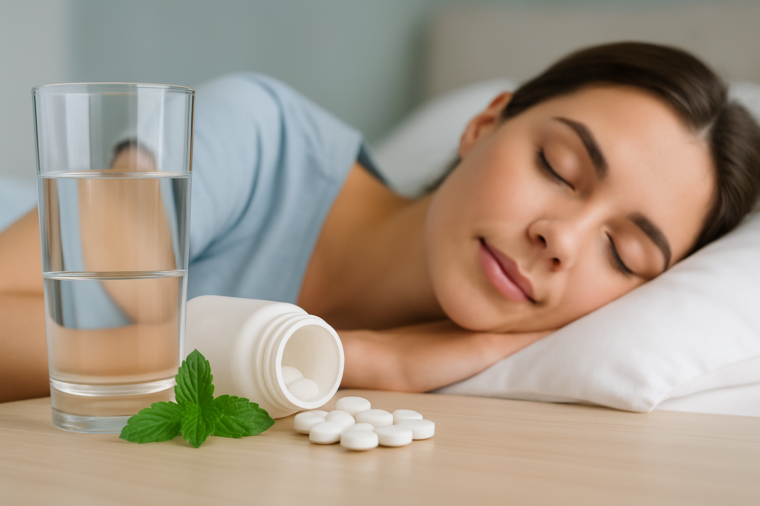 Magnesiumtabletten und -pulver neben einem Glas Wasser auf einem Nachttisch