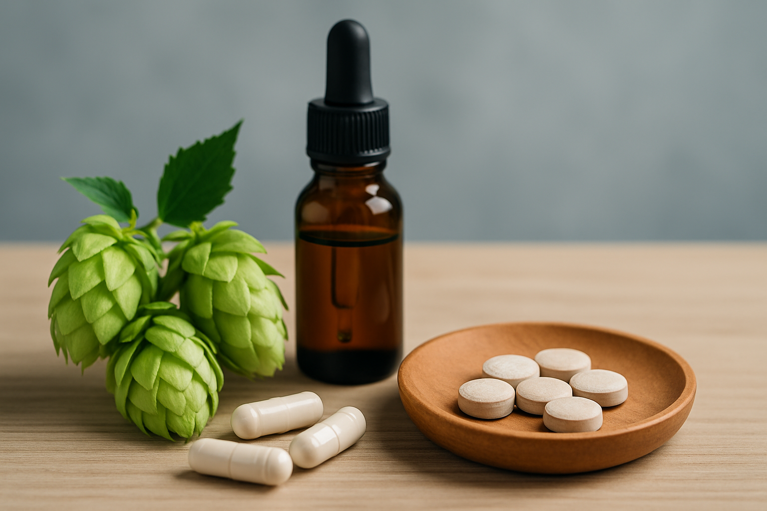 Verschiedene natürliche Schlafmittel wie Baldrian, Lavendel und Melatonin auf einem Tisch