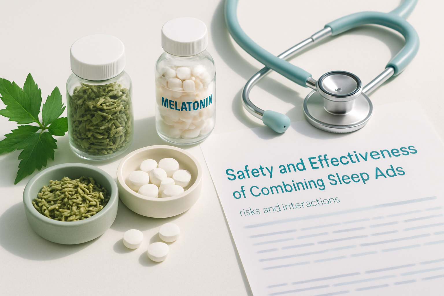 Verschiedene rezeptfreie Schlafmittel mit Warnsymbolen für sichere und unsichere Kombinationen